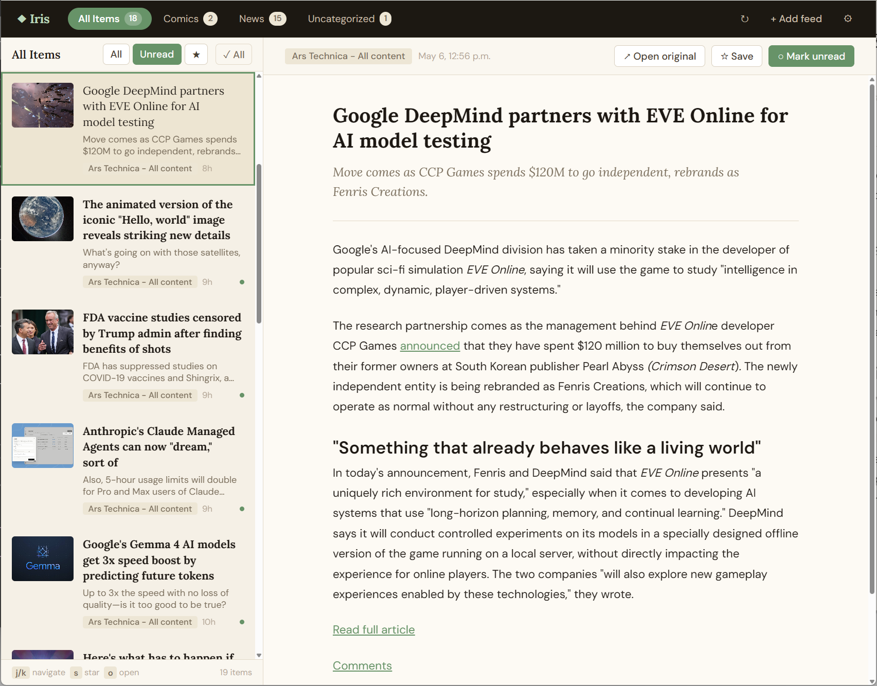 Iris RSS reader main interface